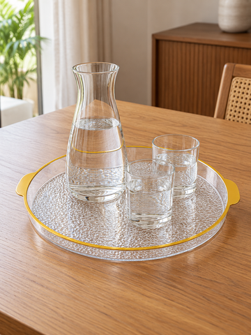 Medium 28 cm round plastic serving tray with cutout handles top view