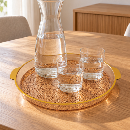 Medium round plastic serving tray with raised rim angled view