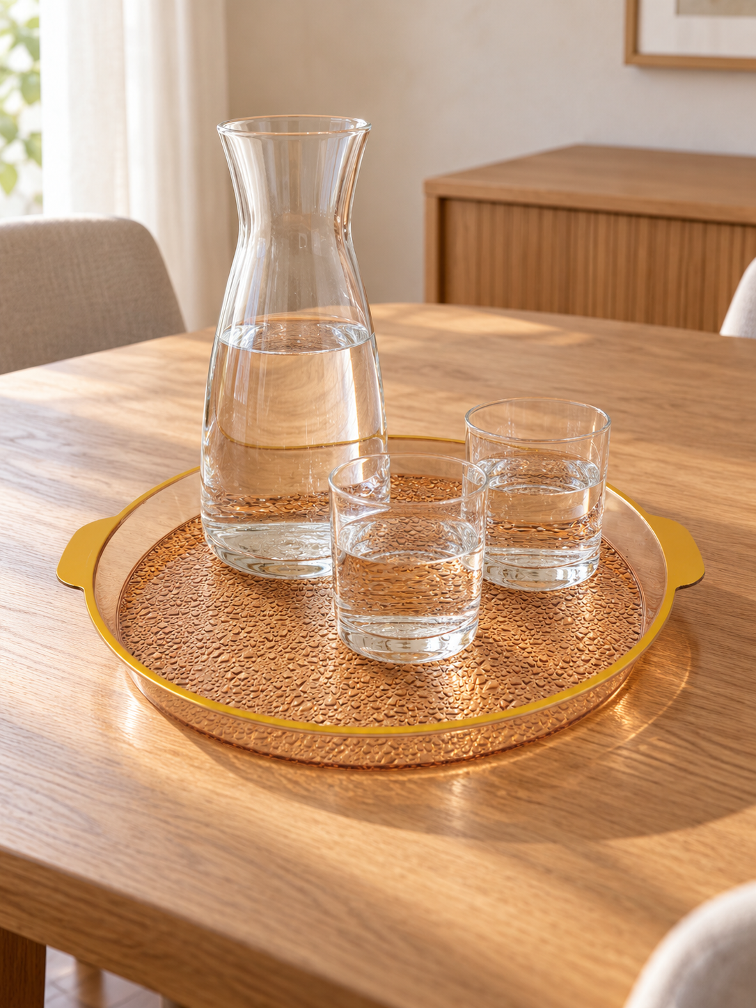 Medium round plastic serving tray with raised rim angled view