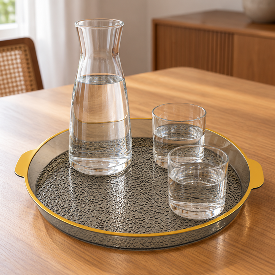 Medium round plastic serving platter with ergonomic side handles