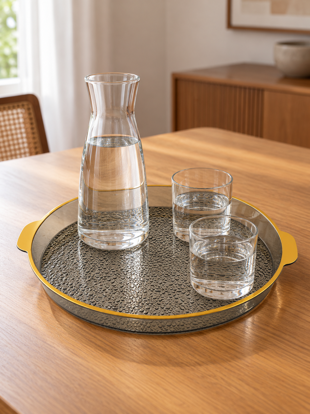 Medium round plastic serving platter with ergonomic side handles