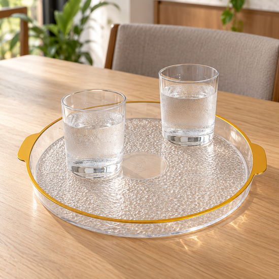 Large 32 cm round plastic serving tray with molded side handles top view