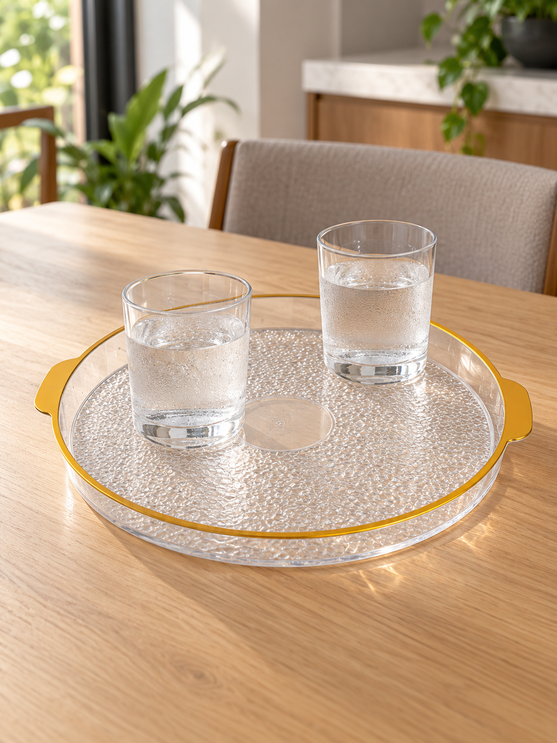 Large 32 cm round plastic serving tray with molded side handles top view
