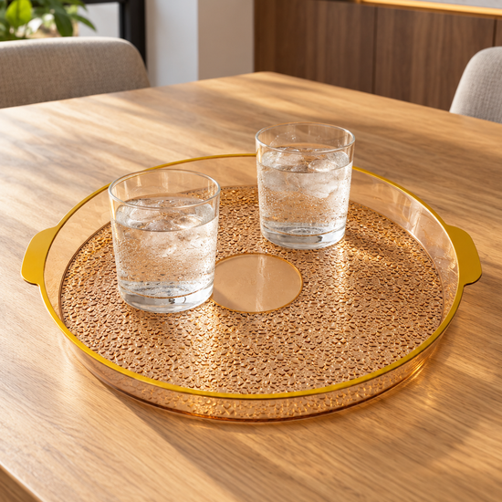 Large circular plastic serving tray with integrated cutout handles