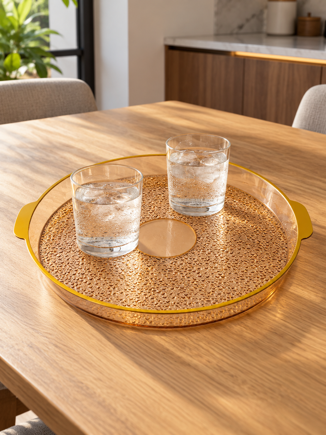 Large circular plastic serving tray with integrated cutout handles