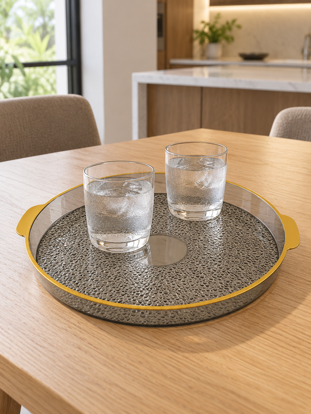 Large round plastic serving platter with deep protective rim angled view
