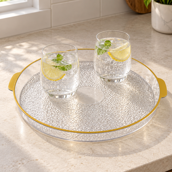 Extra large 35.5 cm round plastic serving tray with cutout handles top view