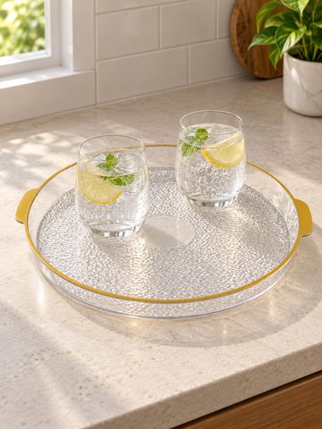 Extra large 35.5 cm round plastic serving tray with cutout handles top view