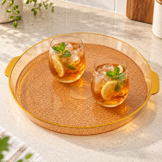 Extra large round serving tray with molded side handles for entertaining
