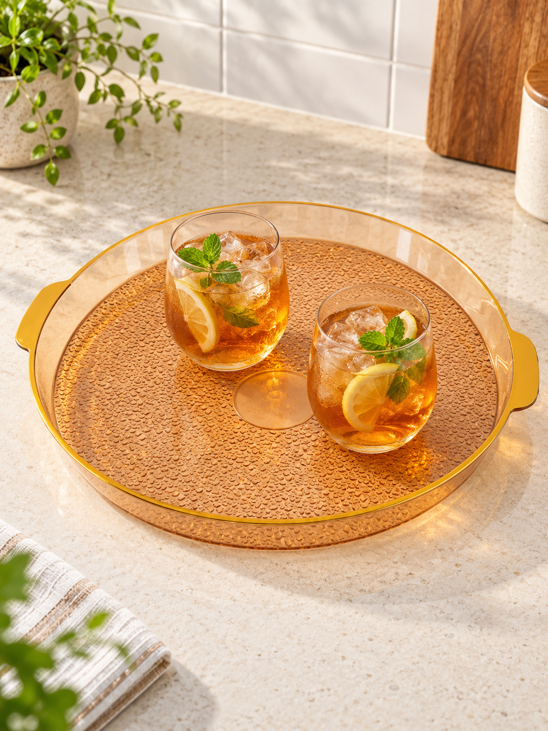 Extra large round serving tray with molded side handles for entertaining