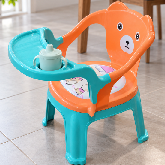 Baby and Toddler Dining Bear Chair with Removable Feeding Tray and Cushion in Turquoise and Orange at Thilakma Sri Lanka