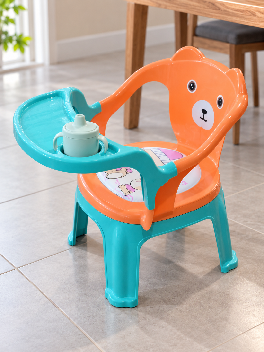 Baby and Toddler Dining Bear Chair with Removable Feeding Tray and Cushion in Turquoise and Orange at Thilakma Sri Lanka