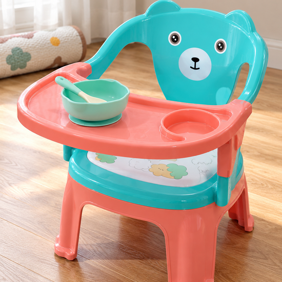 Baby and Toddler Dining Bear Chair with Removable Feeding Tray and Cushion in Peach and Aqua Blue at Thilakma Sri Lanka