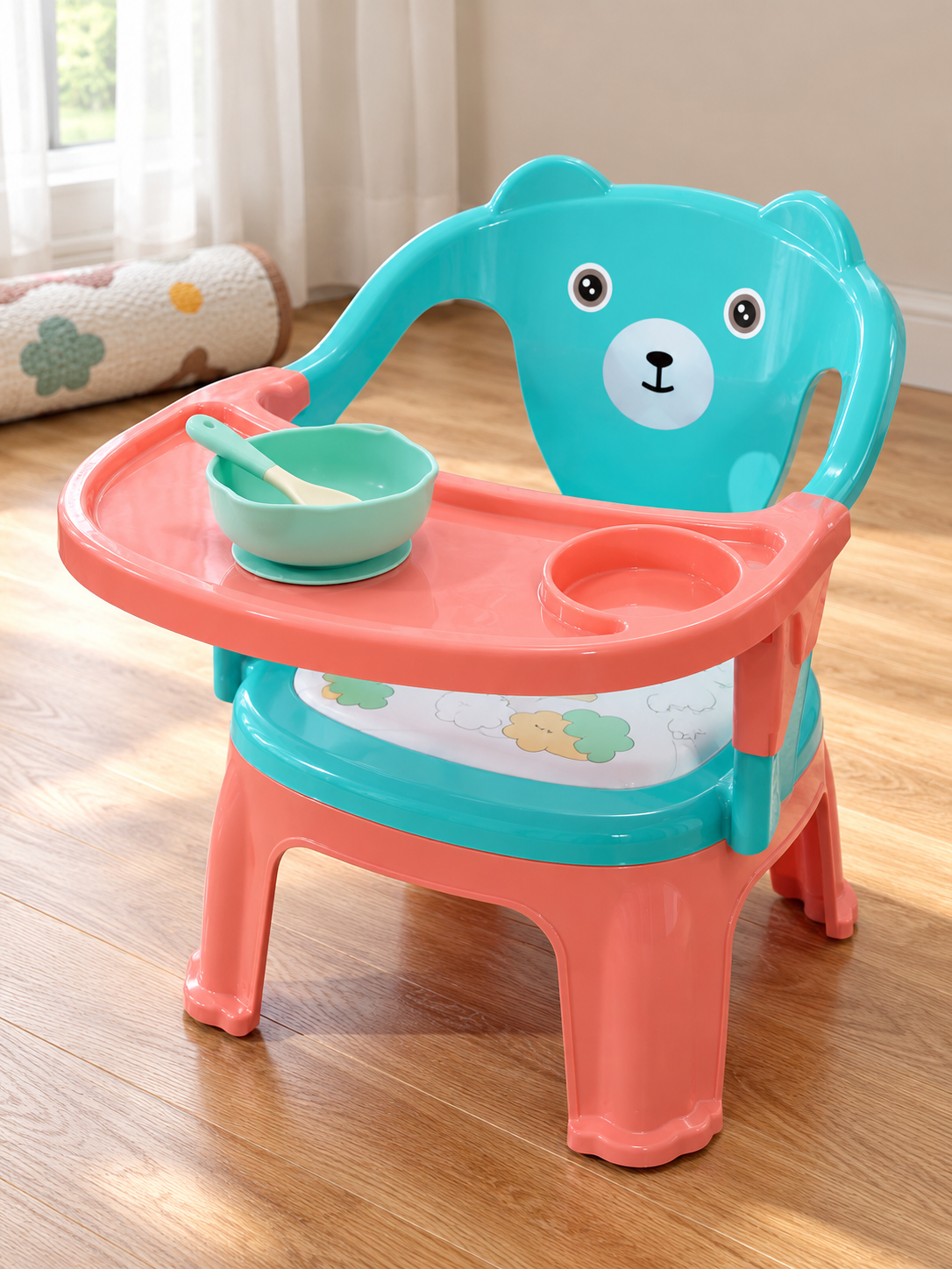 Baby and Toddler Dining Bear Chair with Removable Feeding Tray and Cushion in Peach and Aqua Blue at Thilakma Sri Lanka