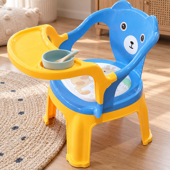 Baby and Toddler Dining Bear Chair with Removable Feeding Tray and Cushion in Yellow and Blue at Thilakma Sri Lanka
