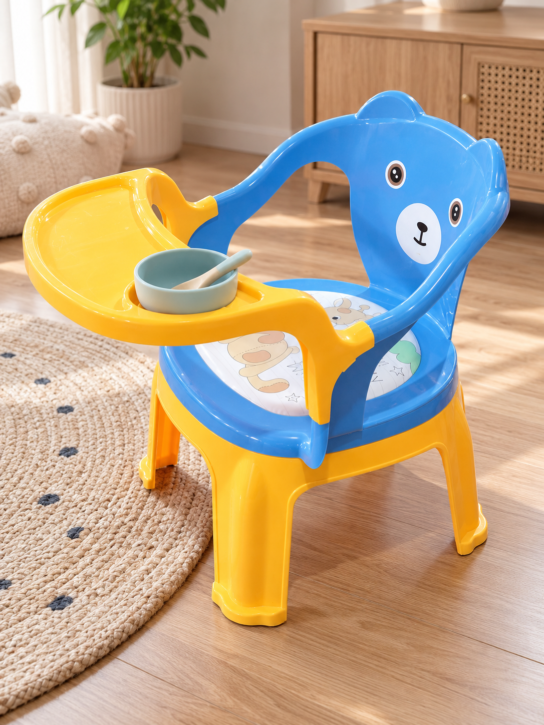 Baby and Toddler Dining Bear Chair with Removable Feeding Tray and Cushion in Yellow and Blue at Thilakma Sri Lanka