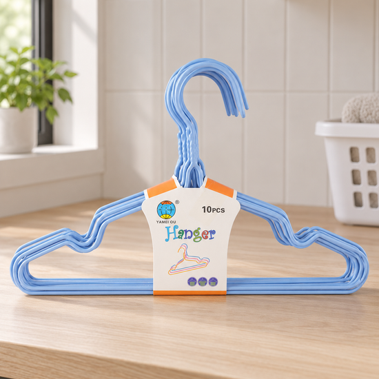 Blue plastic kids clothes hangers 10-pack with dress strap notches