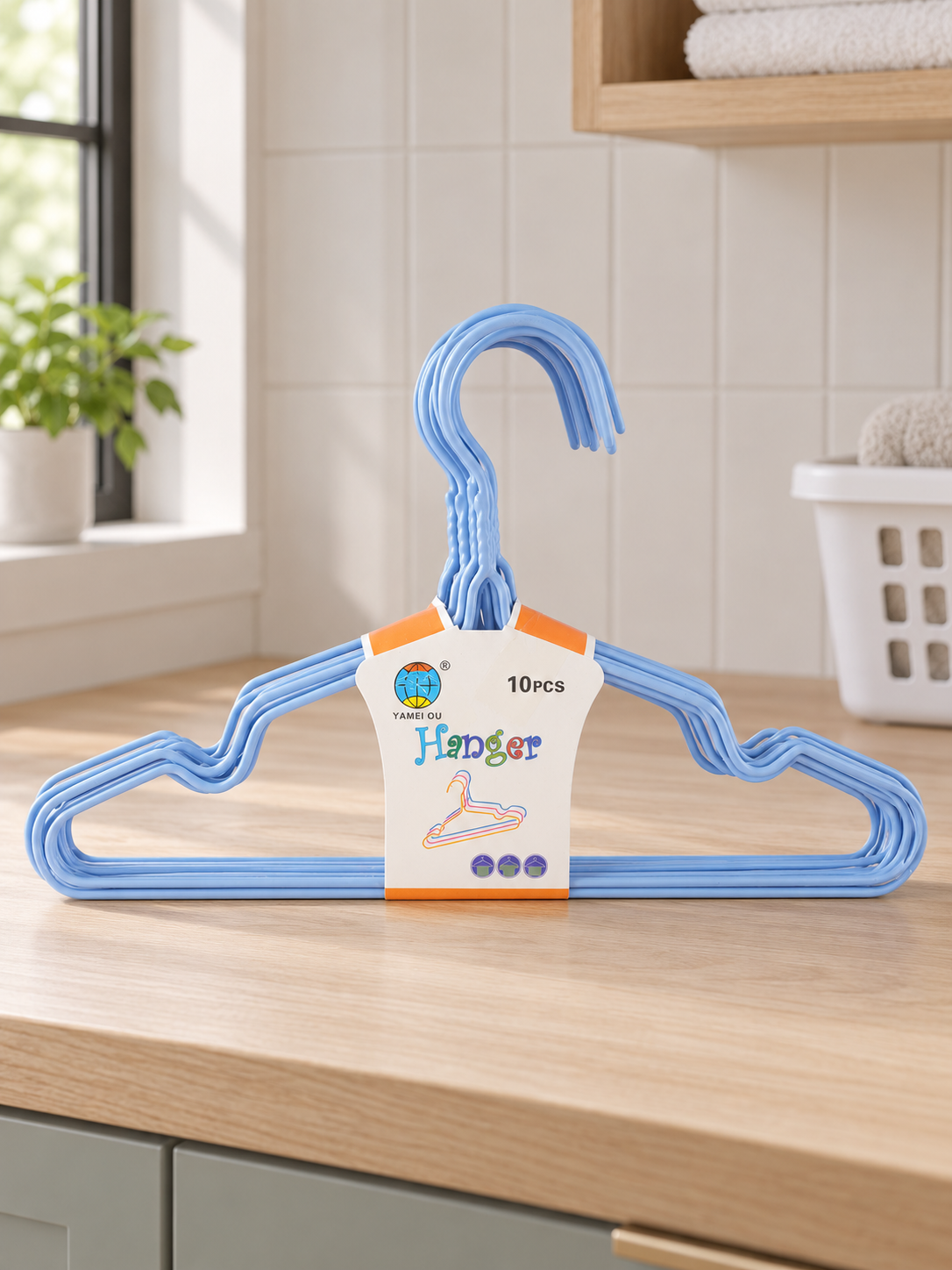Blue plastic kids clothes hangers 10-pack with dress strap notches