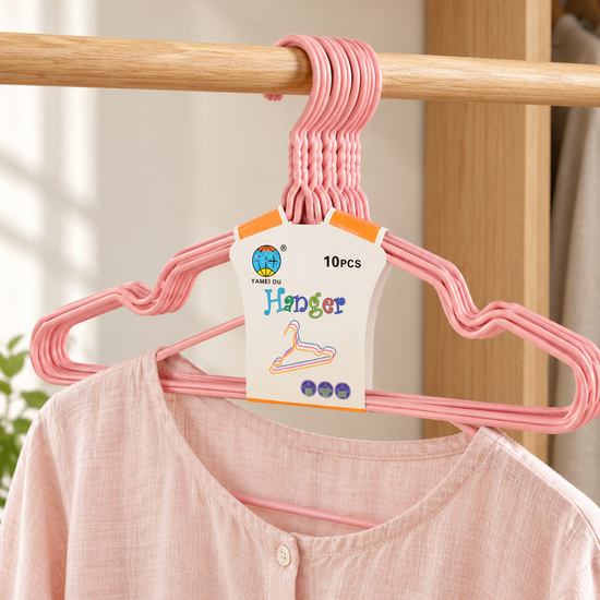 Candy pink plastic kids clothes hangers 10-pack for nursery closet storage