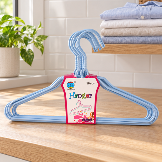 Pastel blue adult plastic clothes hangers 10-pack with strap hooks and trouser bar