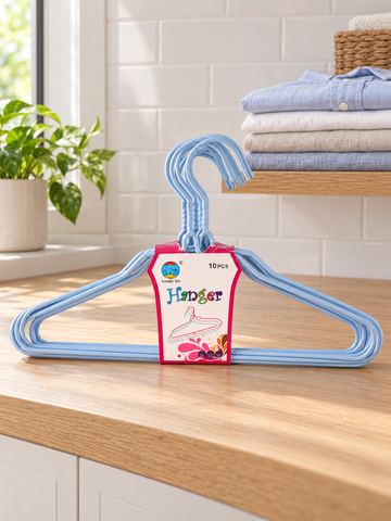 Pastel blue adult plastic clothes hangers 10-pack with strap hooks and trouser bar