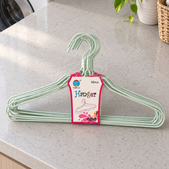 10-Piece Pastel Plastic-Coated Wire Clothes Hangers Set in Light Sage Green at Thilakma Sri Lanka