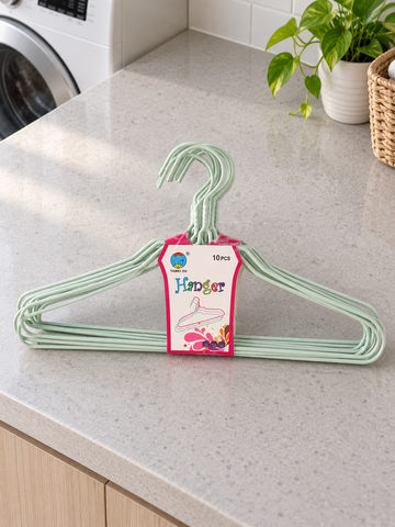 10-Piece Pastel Plastic-Coated Wire Clothes Hangers Set in Light Sage Green at Thilakma Sri Lanka