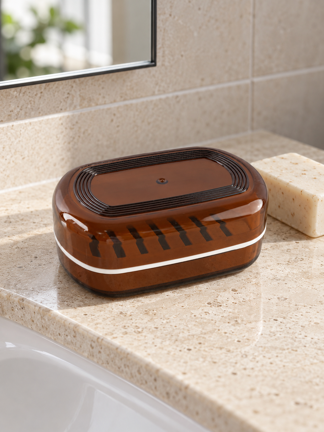 Double-Layer Drainer Soap Box with Lid in Amber Brown at Thilakma Sri Lanka