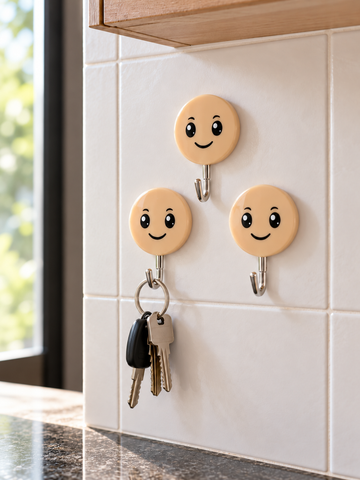 Smiley Face Heavy-Duty Self-Adhesive Wall Hooks Pack of 3 in Peach Beige Model 5071 BG at Thilakma Sri Lanka