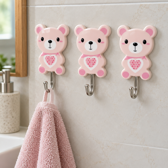 Cute Cartoon Bear Heavy-Duty Self-Adhesive Wall Hooks Pack of 3 in Pastel Pink Bear Model 9810 at Thilakma Sri Lanka