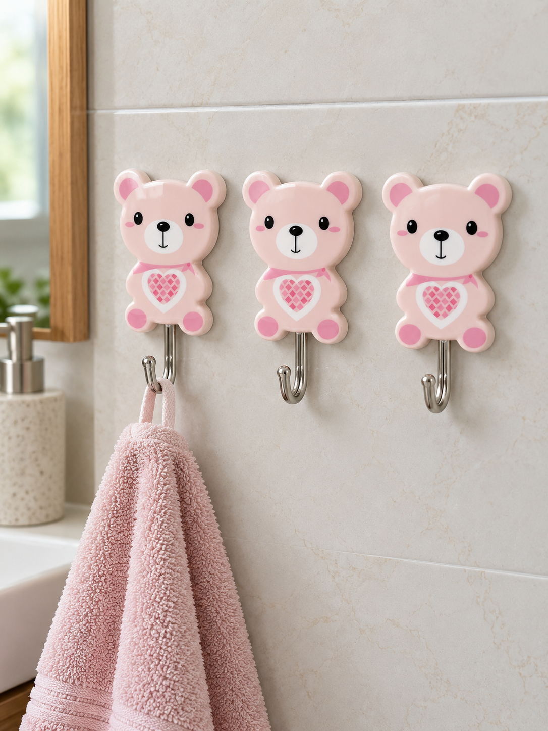 Cute Cartoon Bear Heavy-Duty Self-Adhesive Wall Hooks Pack of 3 in Pastel Pink Bear Model 9810 at Thilakma Sri Lanka