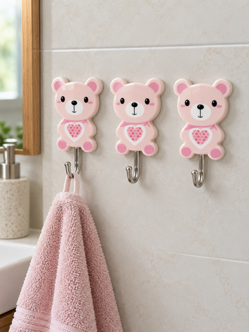 Cute Cartoon Bear Heavy-Duty Self-Adhesive Wall Hooks Pack of 3 in Pastel Pink Bear Model 9810 at Thilakma Sri Lanka