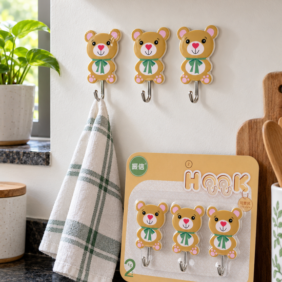 Cute Cartoon Bear Heavy-Duty Self-Adhesive Wall Hooks Pack of 3 in Honey Bear Yellow Model 9810 at Thilakma Sri Lanka