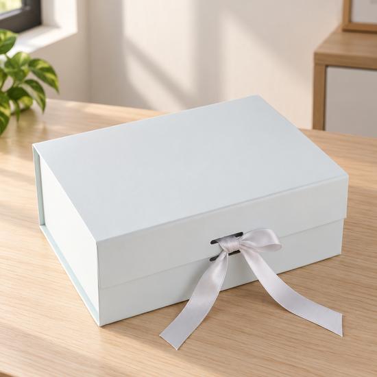 Small Collapsible Rigid Luxury Gift Box with Matching Satin Ribbon Bow in Ice Blue at Thilakma Sri Lanka