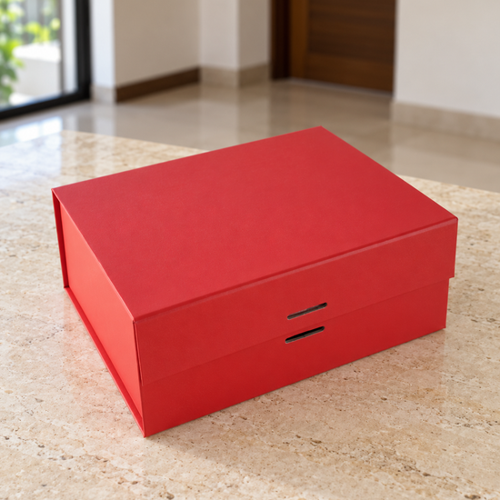 Small Collapsible Rigid Luxury Gift Box with Ribbon Slots in Festive Red at Thilakma Sri Lanka