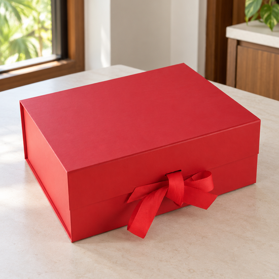 Large Collapsible Rigid Luxury Hamper Gift Box with Red Grosgrain Ribbon Bow in Festive Red at Thilakma Sri Lanka