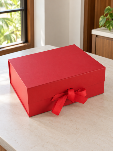 Large Collapsible Rigid Luxury Hamper Gift Box with Red Grosgrain Ribbon Bow in Festive Red at Thilakma Sri Lanka