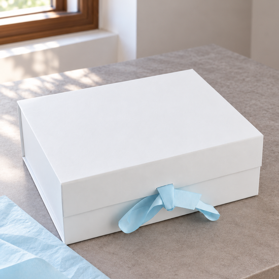 Large Collapsible Rigid Luxury Hamper Gift Box in Crisp White with Powder Blue Satin Ribbon Bow at Thilakma Sri Lanka