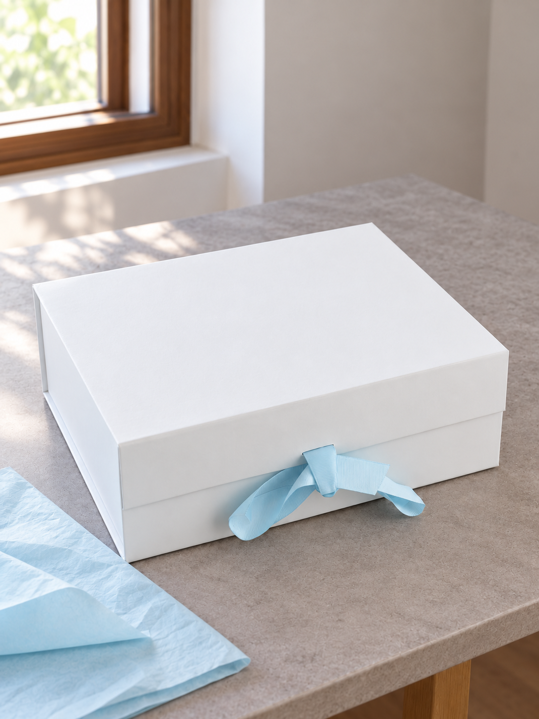 Large Collapsible Rigid Luxury Hamper Gift Box in Crisp White with Powder Blue Satin Ribbon Bow at Thilakma Sri Lanka