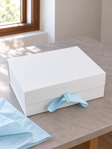 Large Collapsible Rigid Luxury Hamper Gift Box in Crisp White with Powder Blue Satin Ribbon Bow at Thilakma Sri Lanka
