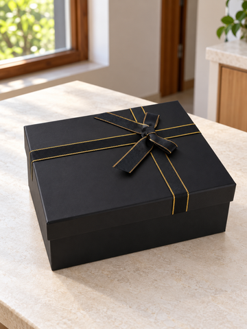 Small Rigid Luxury Gift Box in Matte Black with Gold-Stitched Grosgrain Ribbon Bow at Thilakma Sri Lanka