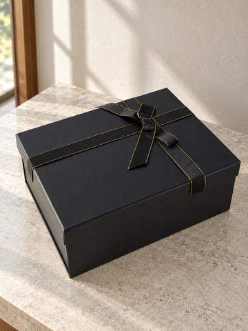 Medium Rigid Luxury Gift Box in Matte Black with Gold-Stitched Grosgrain Ribbon Bow at Thilakma Sri Lanka
