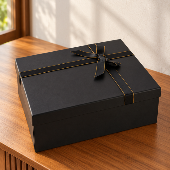 Large Luxury Matte Black Rigid Hamper Gift Box with Gold Edge Ribbon Bow at Thilakma Sri Lanka