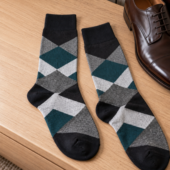 Leo George Men's Cotton-Rich Argyle Dress Crew Socks in Teal and Charcoal Grey at Thilakma Sri Lanka