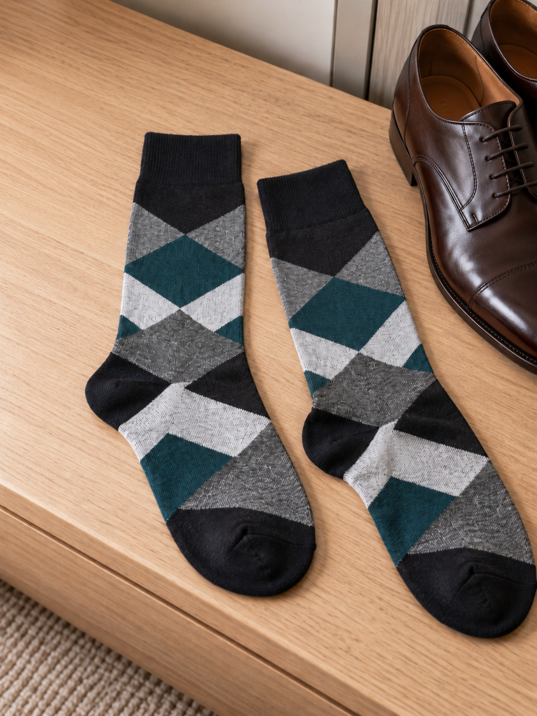 Leo George Men's Cotton-Rich Argyle Dress Crew Socks in Teal and Charcoal Grey at Thilakma Sri Lanka
