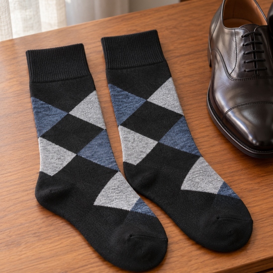 Leo George Men's Cotton-Rich Argyle Dress Crew Socks in Royal Navy and Slate Grey at Thilakma Sri Lanka
