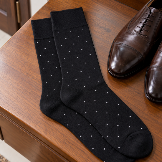 Leo George Men's Cotton-Rich Micro Pin-Dot Dress Crew Socks in Pitch Black at Thilakma Sri Lanka
