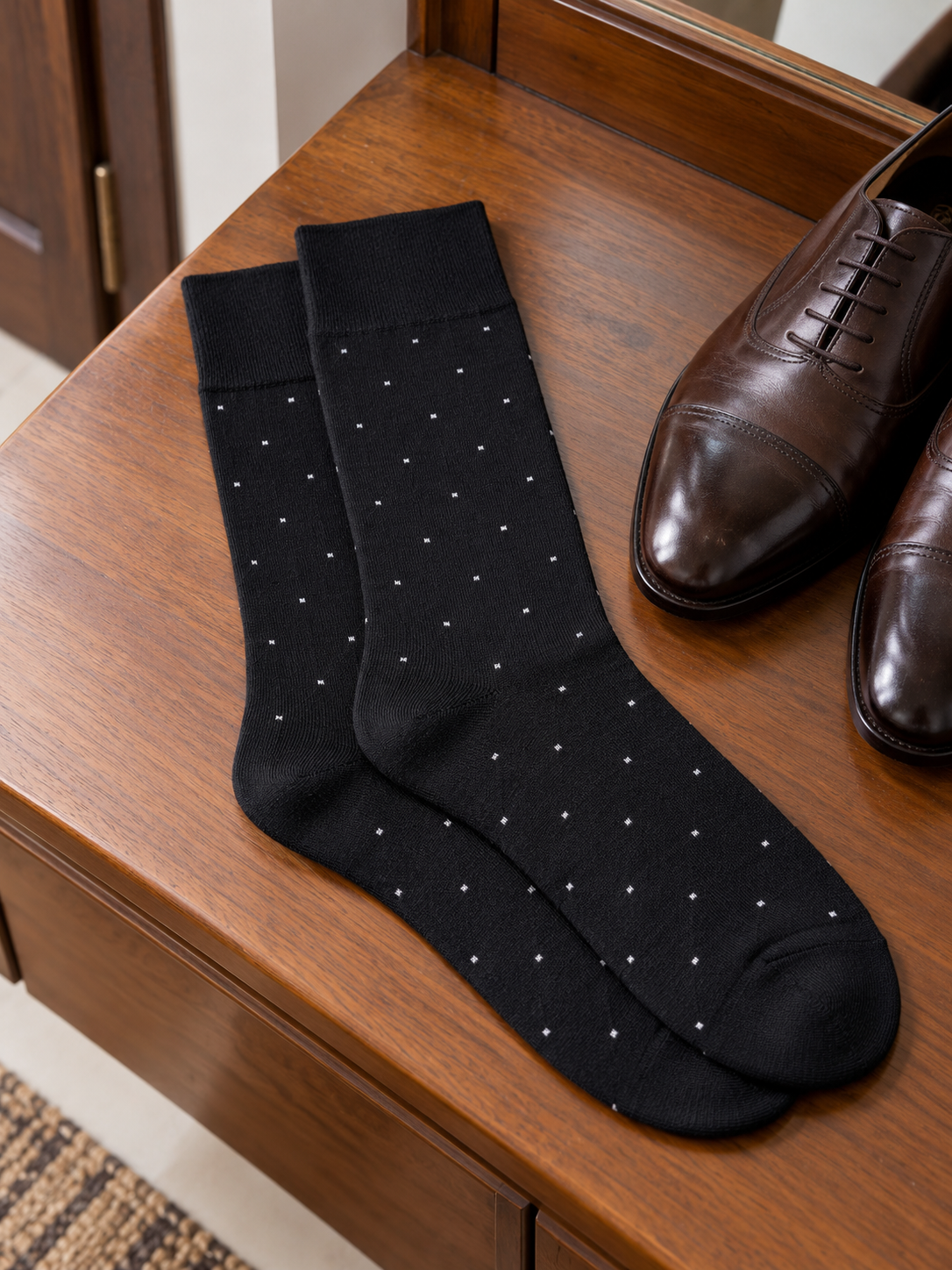 Leo George Men's Cotton-Rich Micro Pin-Dot Dress Crew Socks in Pitch Black at Thilakma Sri Lanka