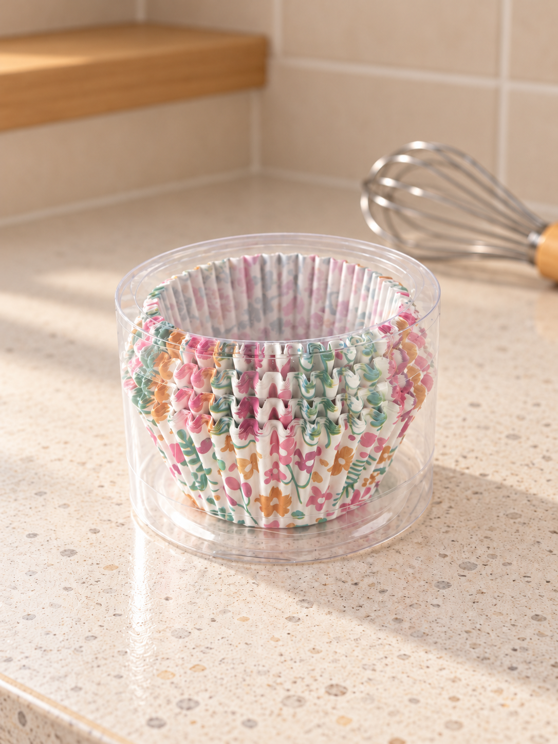 T & CO clear cylindrical pack of fluted paper cupcake baking liners featuring vibrant floral blossom print with pink and yellow flowers on kitchen countertop