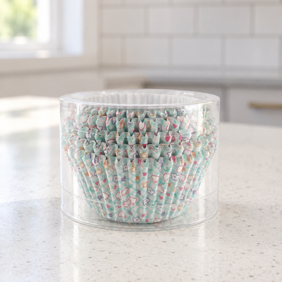 T & CO fluted paper cupcake baking liners in mint green gingham plaid with cute hearts and stars pattern packaged in clear cylindrical holder